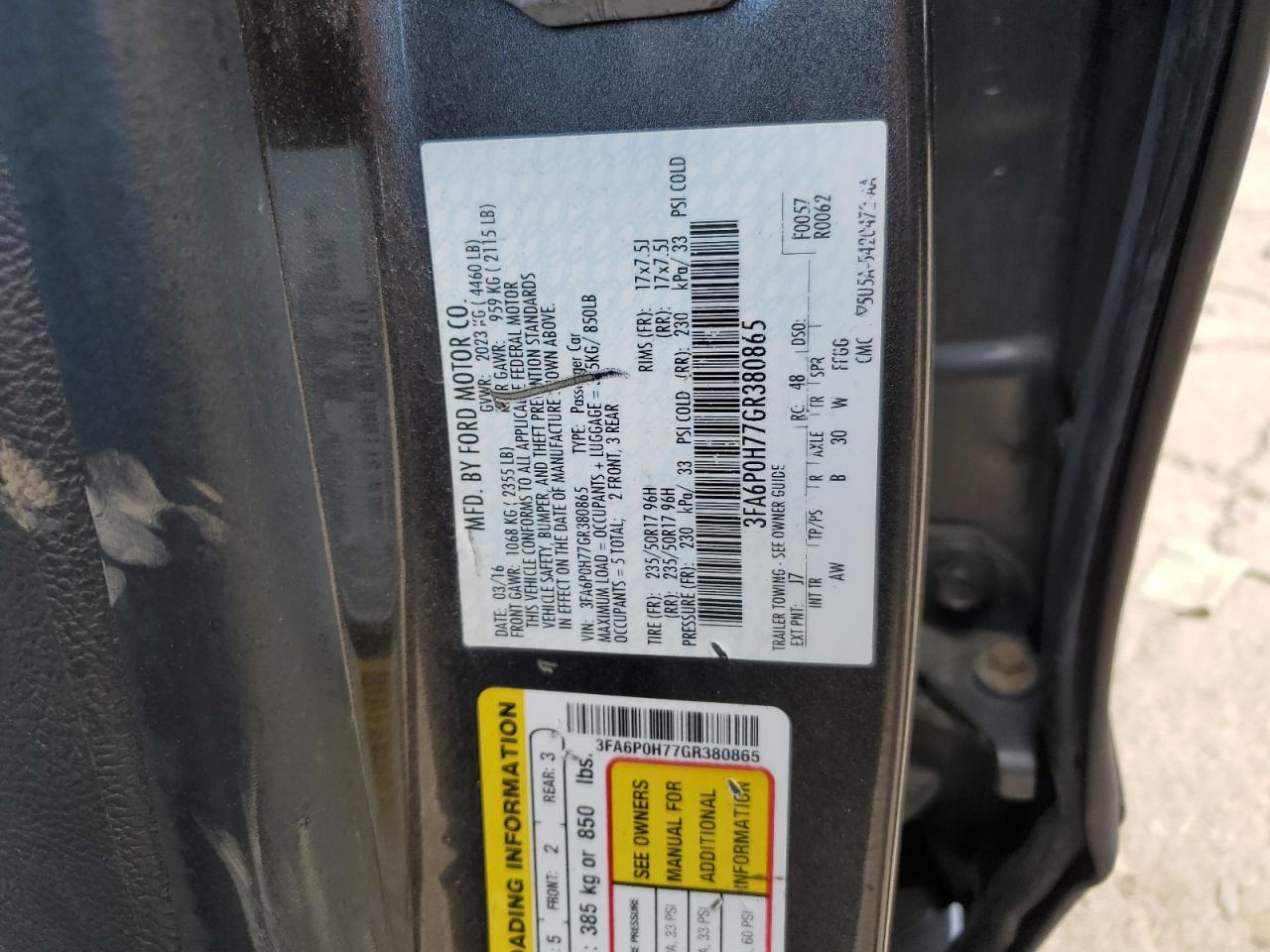2016 Ford Fusion Se VIN: 3FA6P0H77GR380865 Lot: 63640185
