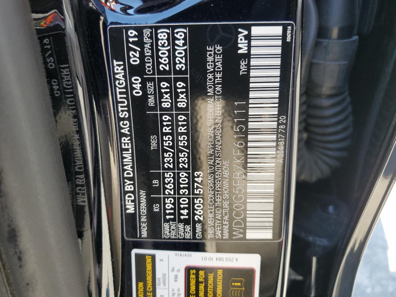 2019 Mercedes-Benz Glc 350E VIN: WDC0G5EB7KF615111 Lot: 64810035