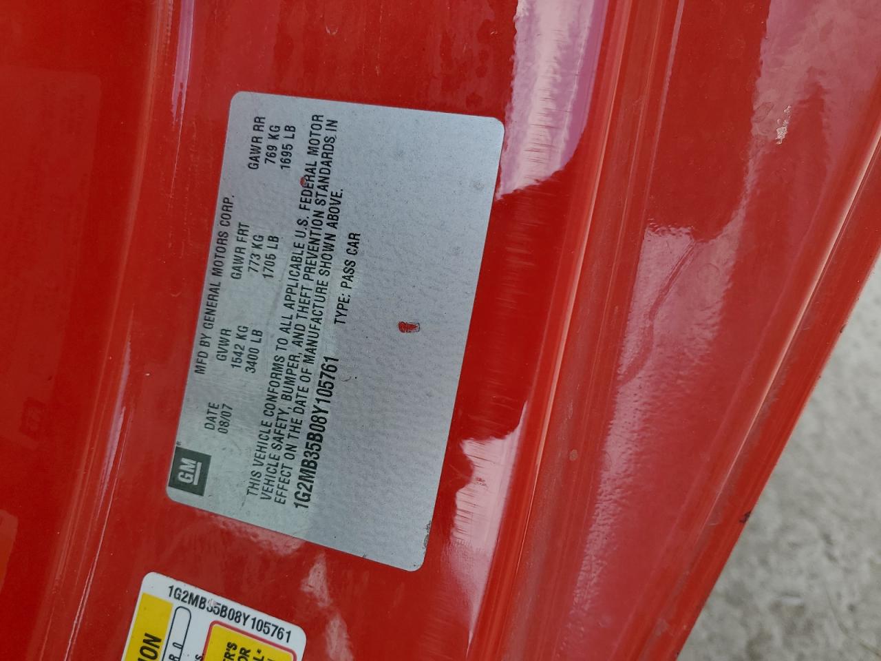 2008 Pontiac Solstice VIN: 1G2MB35B08Y105761 Lot: 63946095