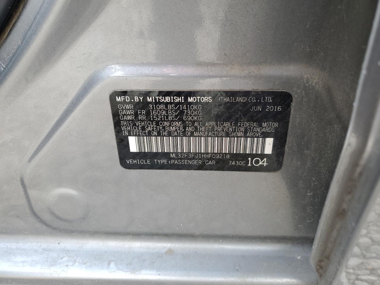 2017 Mitsubishi Mirage G4 Es VIN: ML32F3FJ1HHF09218 Lot: 63412975