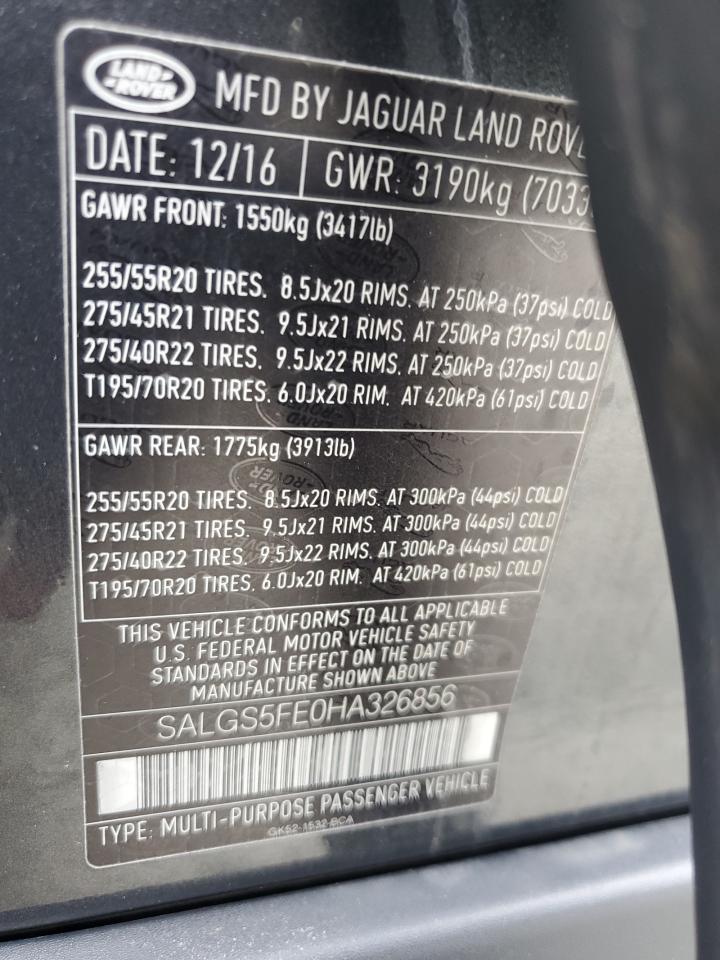 2017 Land Rover Range Rover Supercharged VIN: SALGS5FE0HA326856 Lot: 63816125