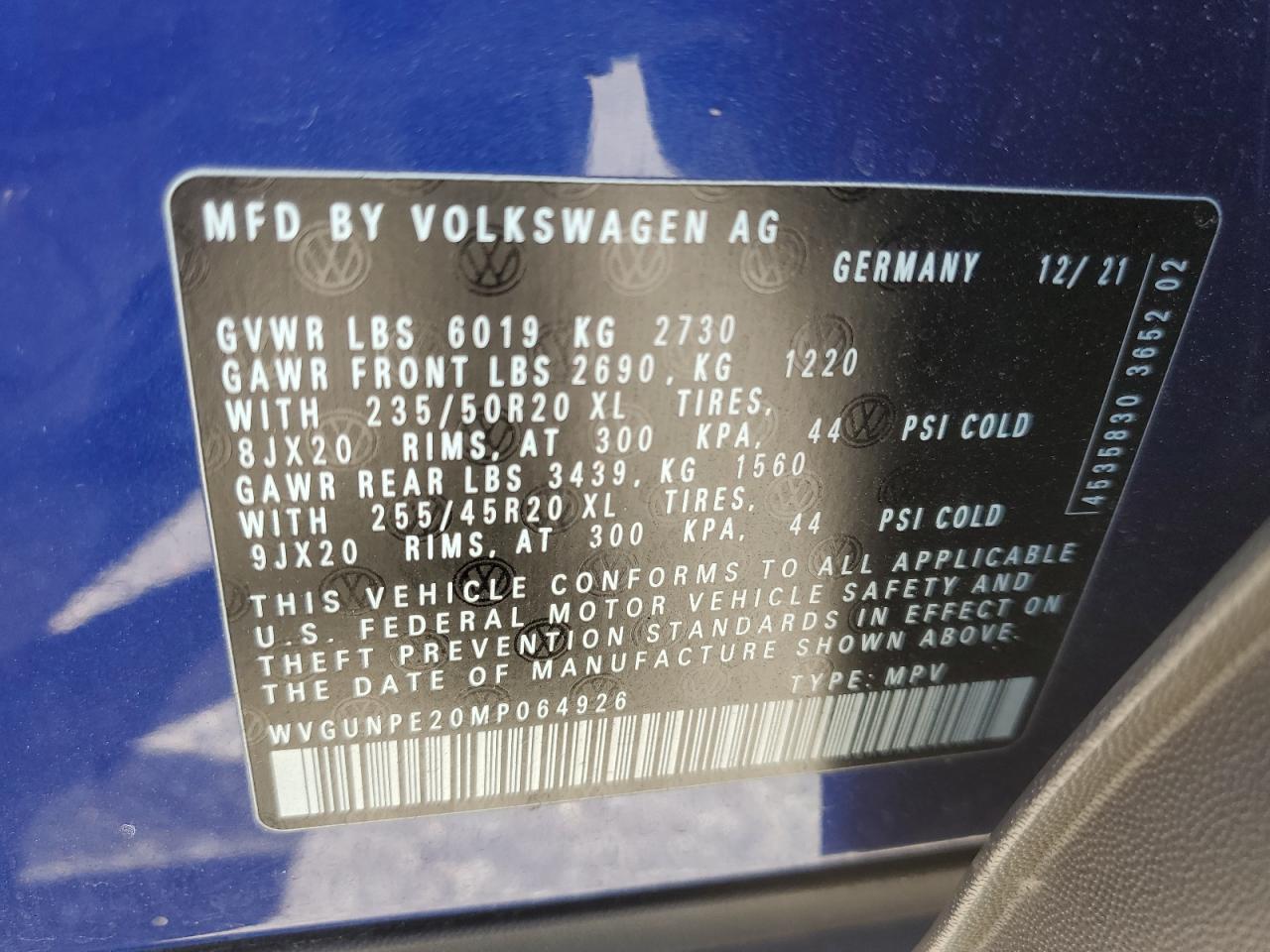 2021 Volkswagen Id.4 Pro S VIN: WVGUNPE20MP064926 Lot: 63327665