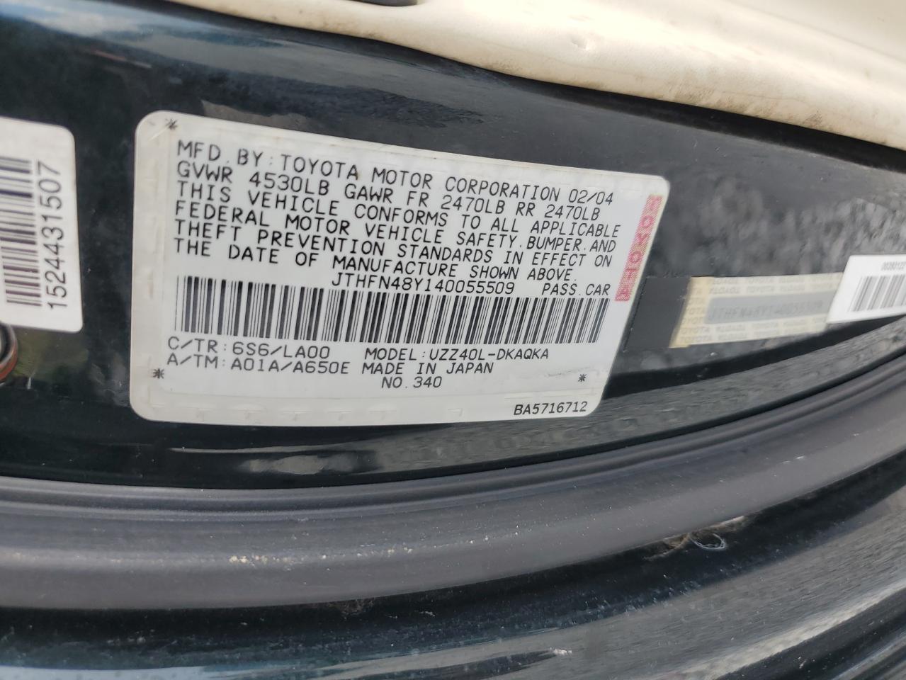 2004 Lexus Sc 430 VIN: JTHFN48Y140055509 Lot: 64662405