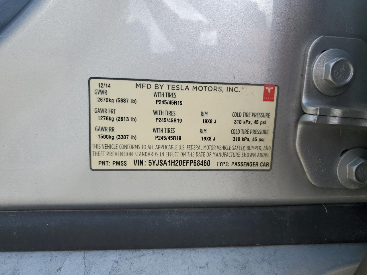 2014 Tesla Model S VIN: 5YJSA1H20EFP68460 Lot: 63032345
