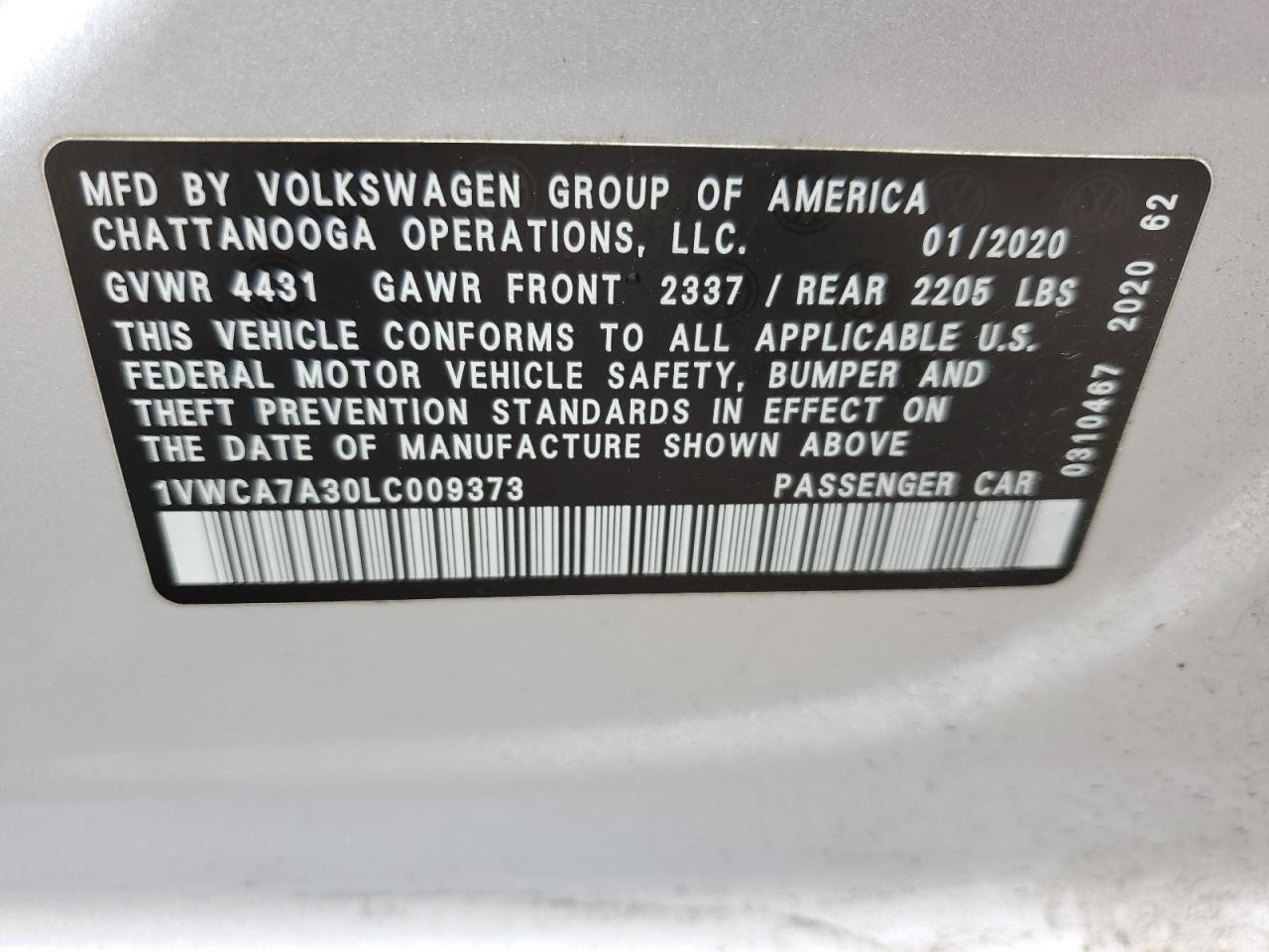 2020 Volkswagen Passat Sel VIN: 1VWCA7A30LC009373 Lot: 65003115