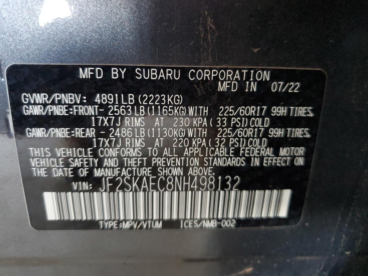 2022 Subaru Forester Premium VIN: JF2SKAEC8NH498132 Lot: 66314215