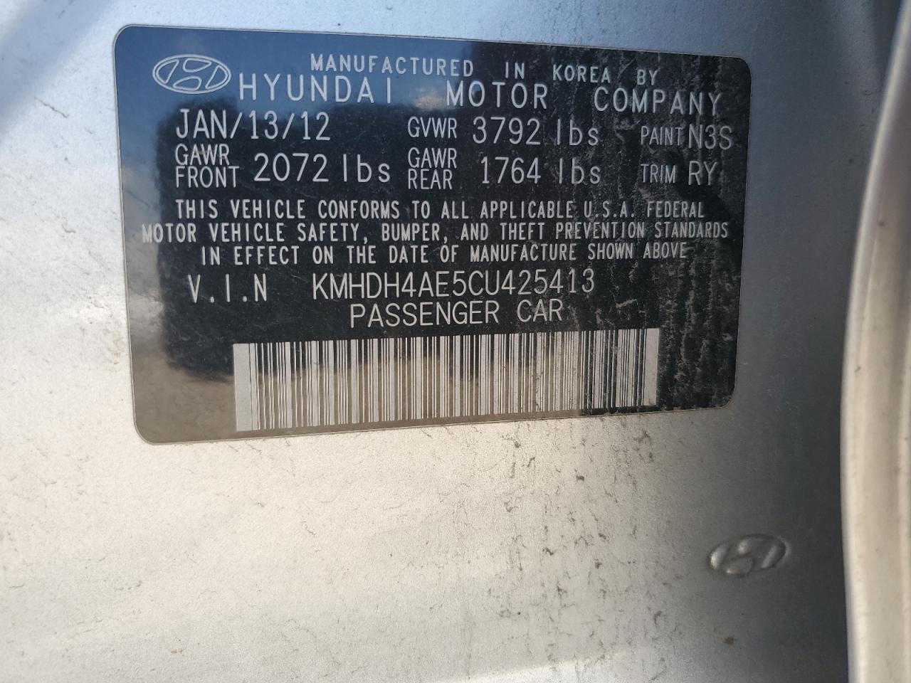 2012 Hyundai Elantra Gls VIN: KMHDH4AE5CU425413 Lot: 64955635
