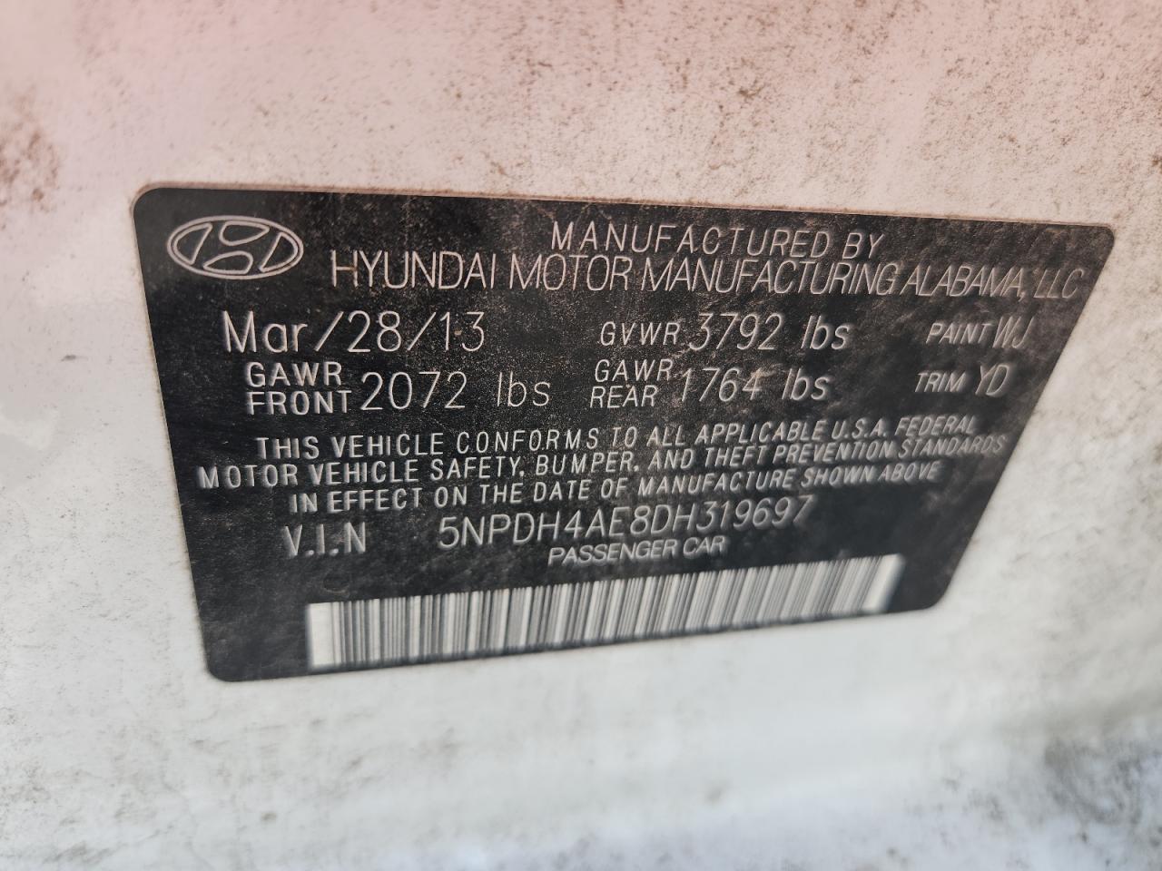 2013 Hyundai Elantra Gls VIN: 5NPDH4AE8DH319697 Lot: 64370915