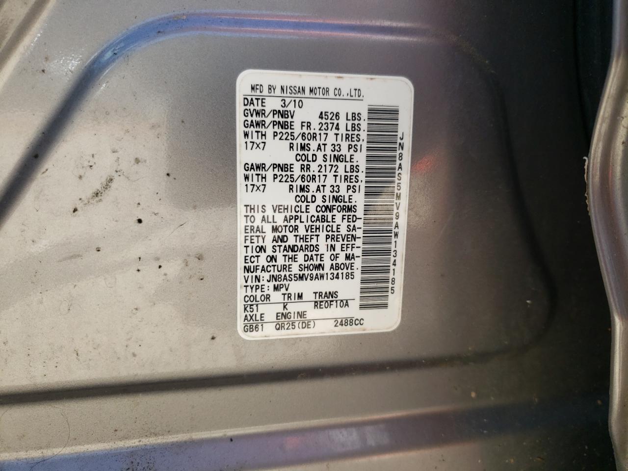 2010 Nissan Rogue S VIN: JN8AS5MV9AW134185 Lot: 65316375