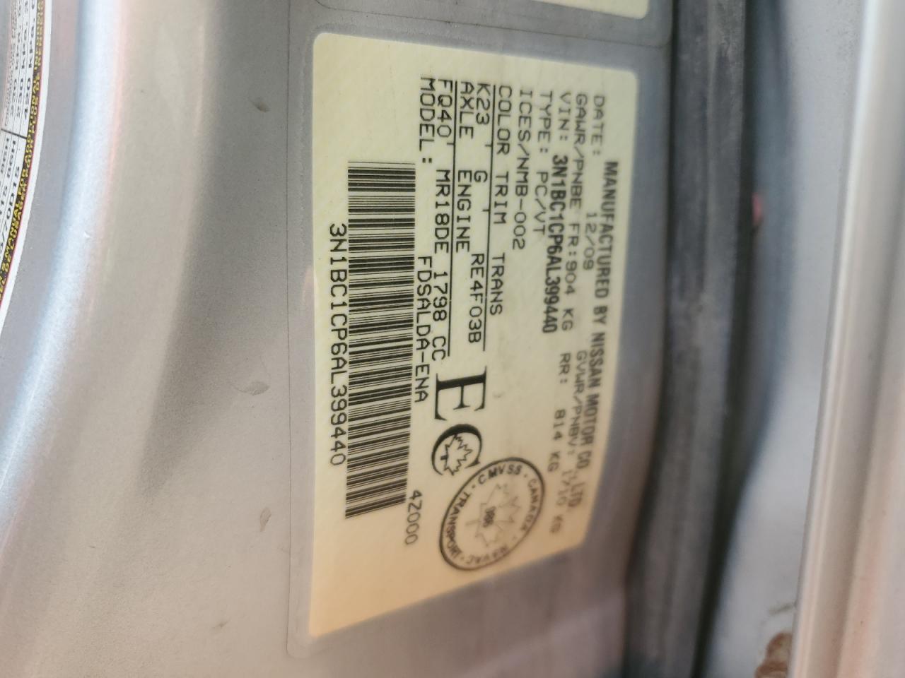 2010 Nissan Versa S VIN: 3N1BC1CP6AL399440 Lot: 63914105