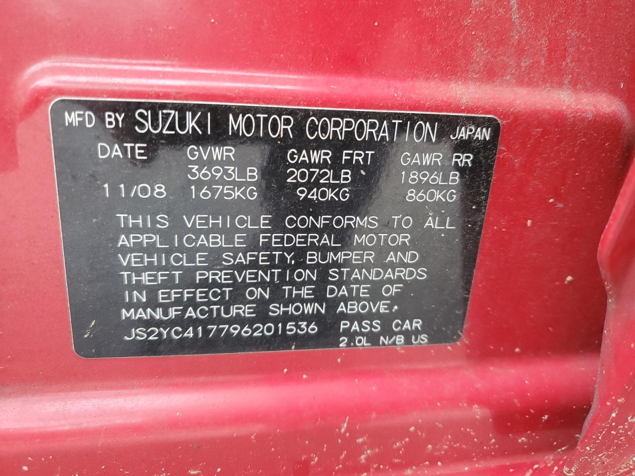 js2yc417796201536 JS2YC417796201536 2009 Suzuki Sx4 Touring