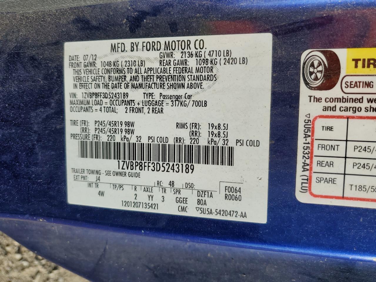 2013 Ford Mustang Gt VIN: 1ZVBP8FF3D5243189 Lot: 64963375