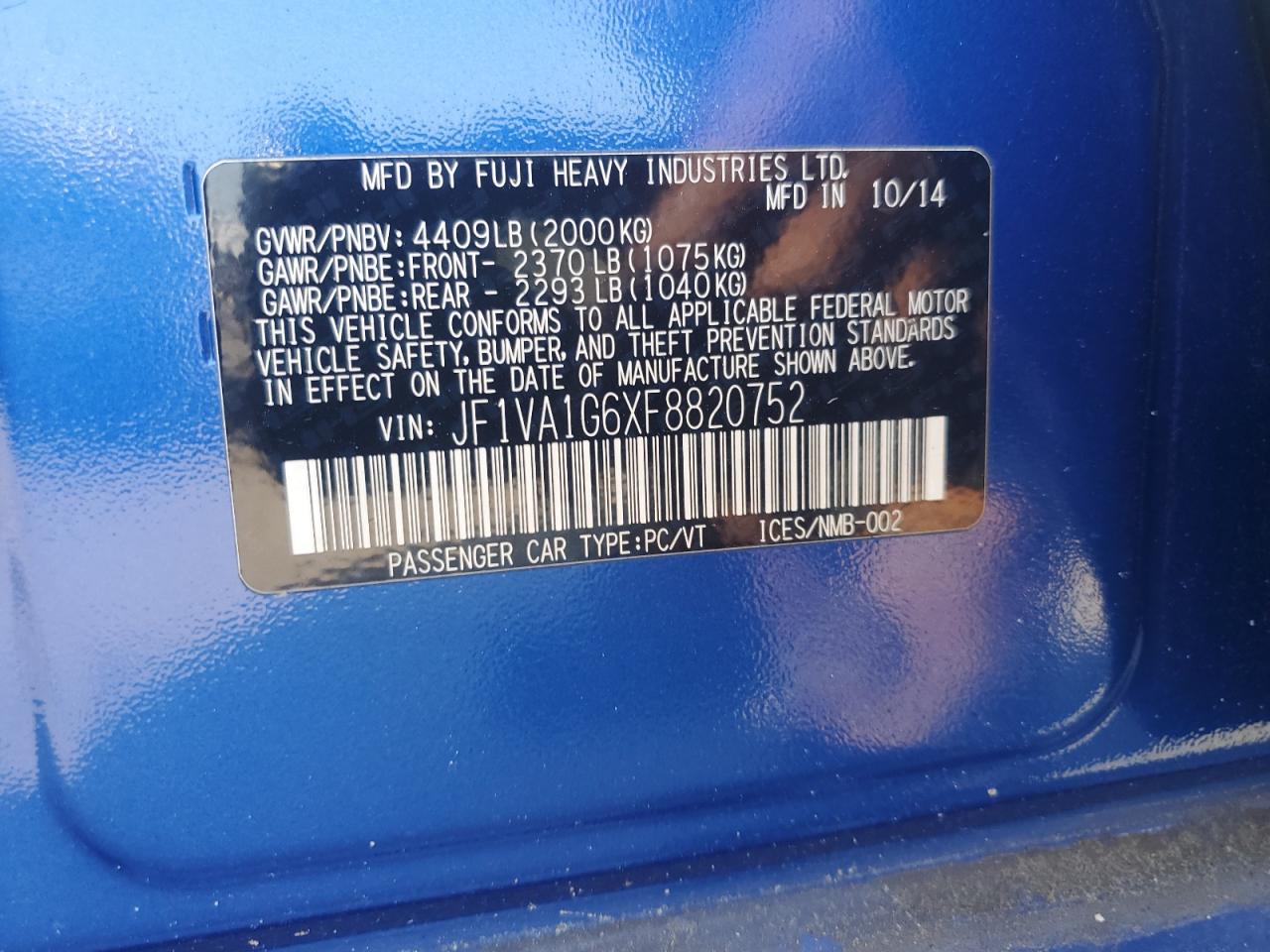 2015 Subaru Wrx Limited VIN: JF1VA1G6XF8820752 Lot: 65755675