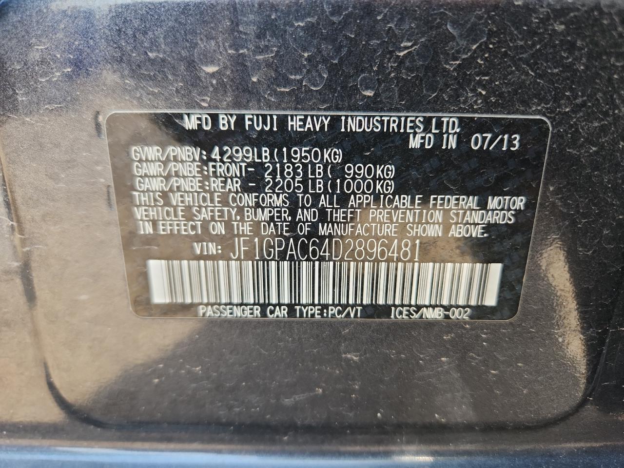 2013 Subaru Impreza Premium VIN: JF1GPAC64D2896481 Lot: 63317085