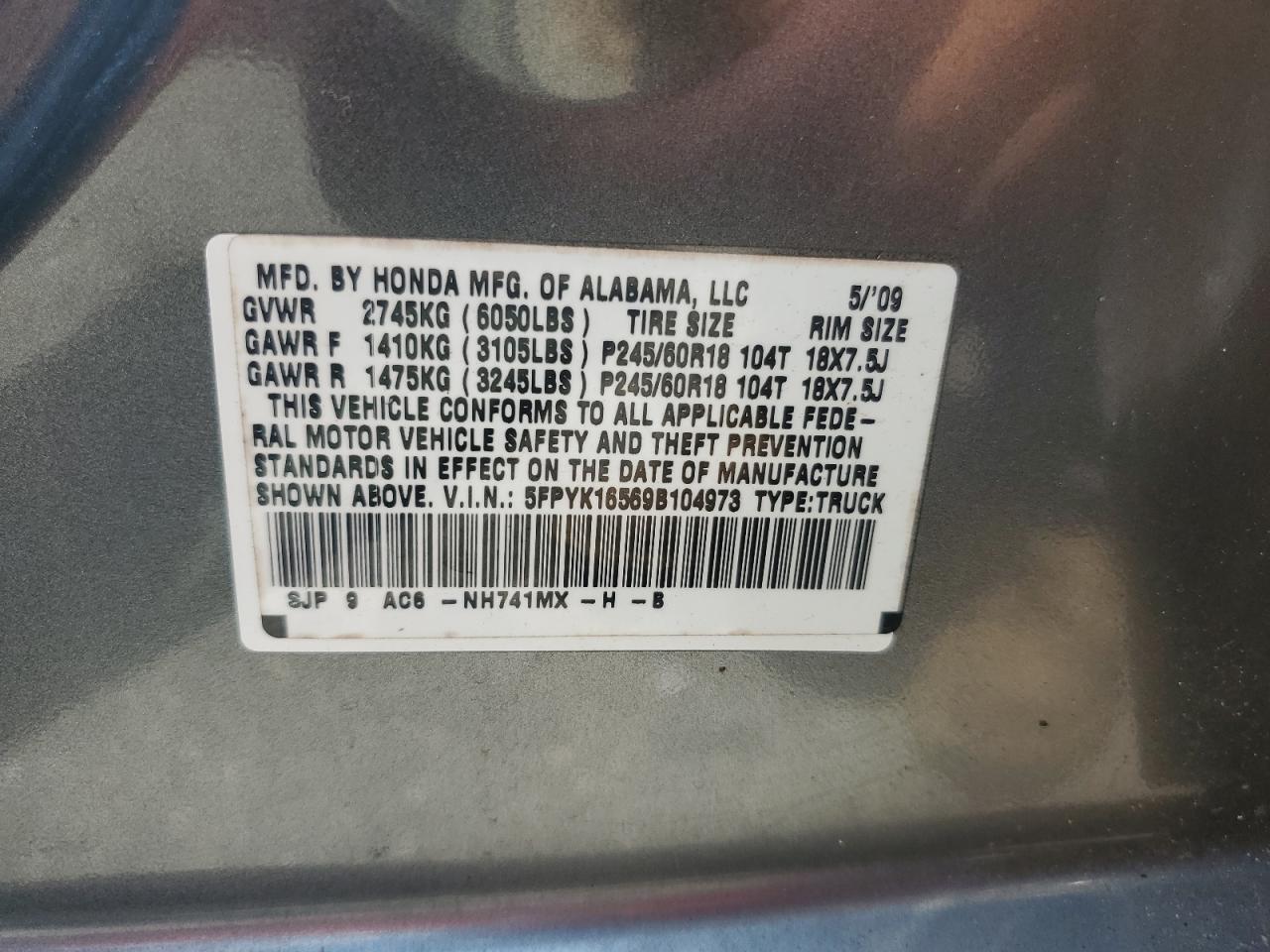 2009 Honda Ridgeline Rtl VIN: 5FPYK16569B104973 Lot: 63559475