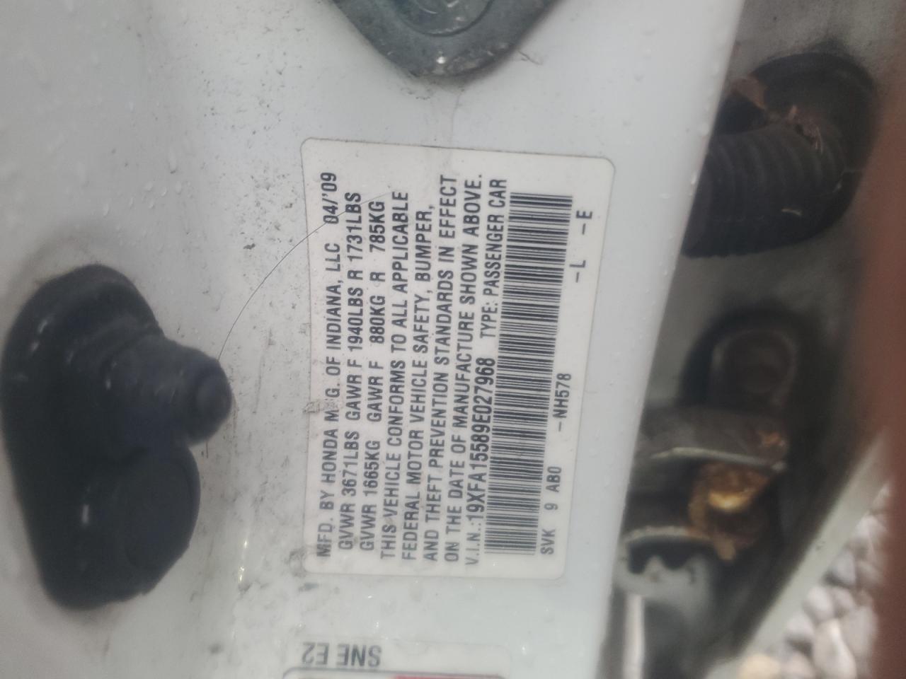 2009 Honda Civic Lx VIN: 19XFA15589E027968 Lot: 66760445