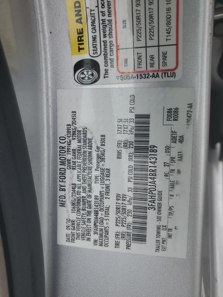 2011 Ford Fusion Sel VIN: 3FAHP0JA4BR143189 Lot: 64969865