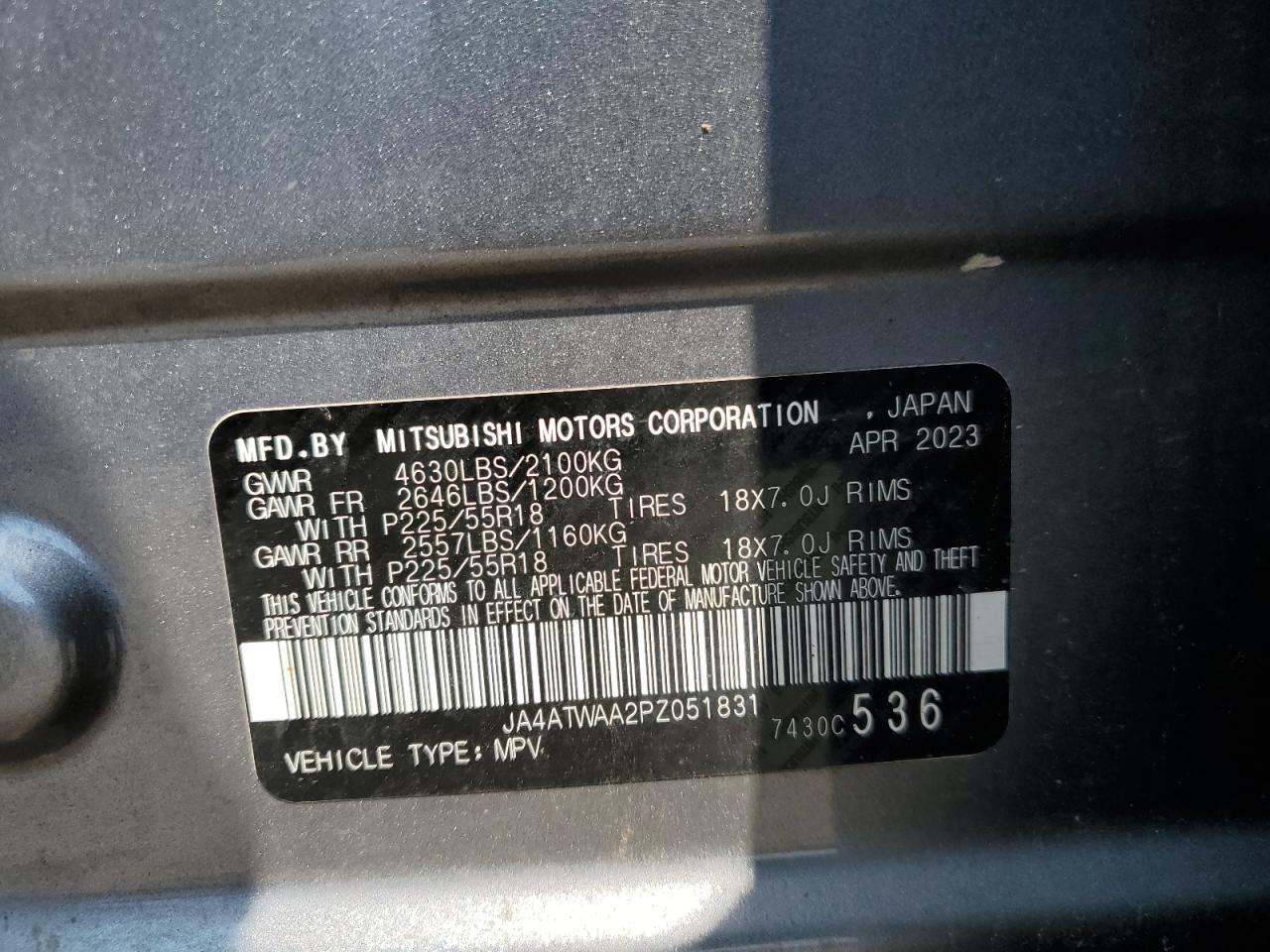 2023 Mitsubishi Eclipse Cross Se VIN: JA4ATWAA2PZ051831 Lot: 63638935