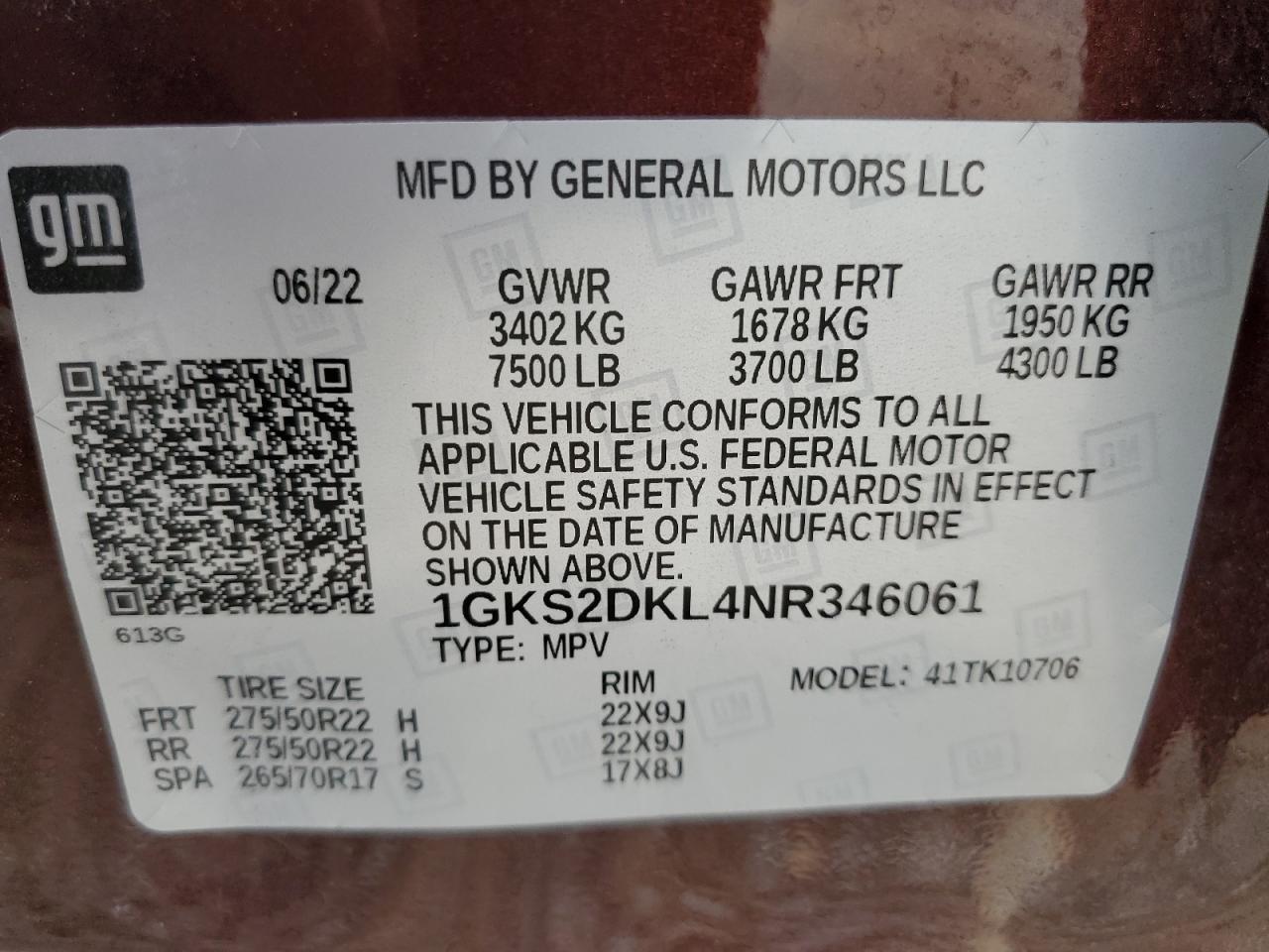 2022 GMC Yukon Denali VIN: 1GKS2DKL4NR346061 Lot: 63692585