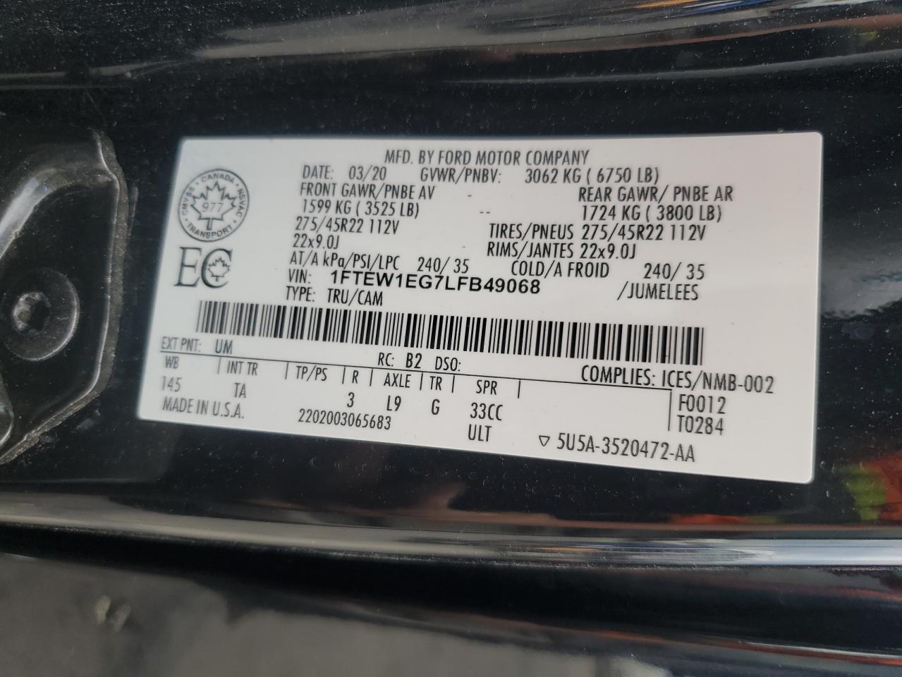 1ftew1eg7lfb49068 1FTEW1EG7LFB49068 2020 Ford F150 Supercrew