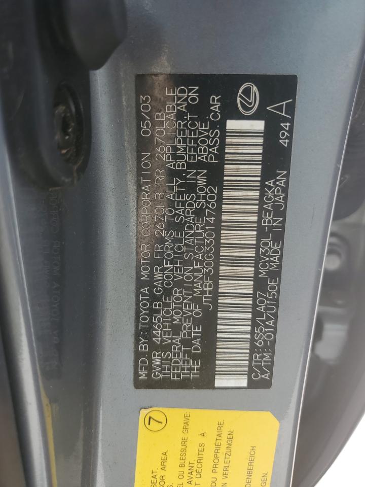 2003 Lexus Es 300 VIN: JTHBF30G330147602 Lot: 64278035