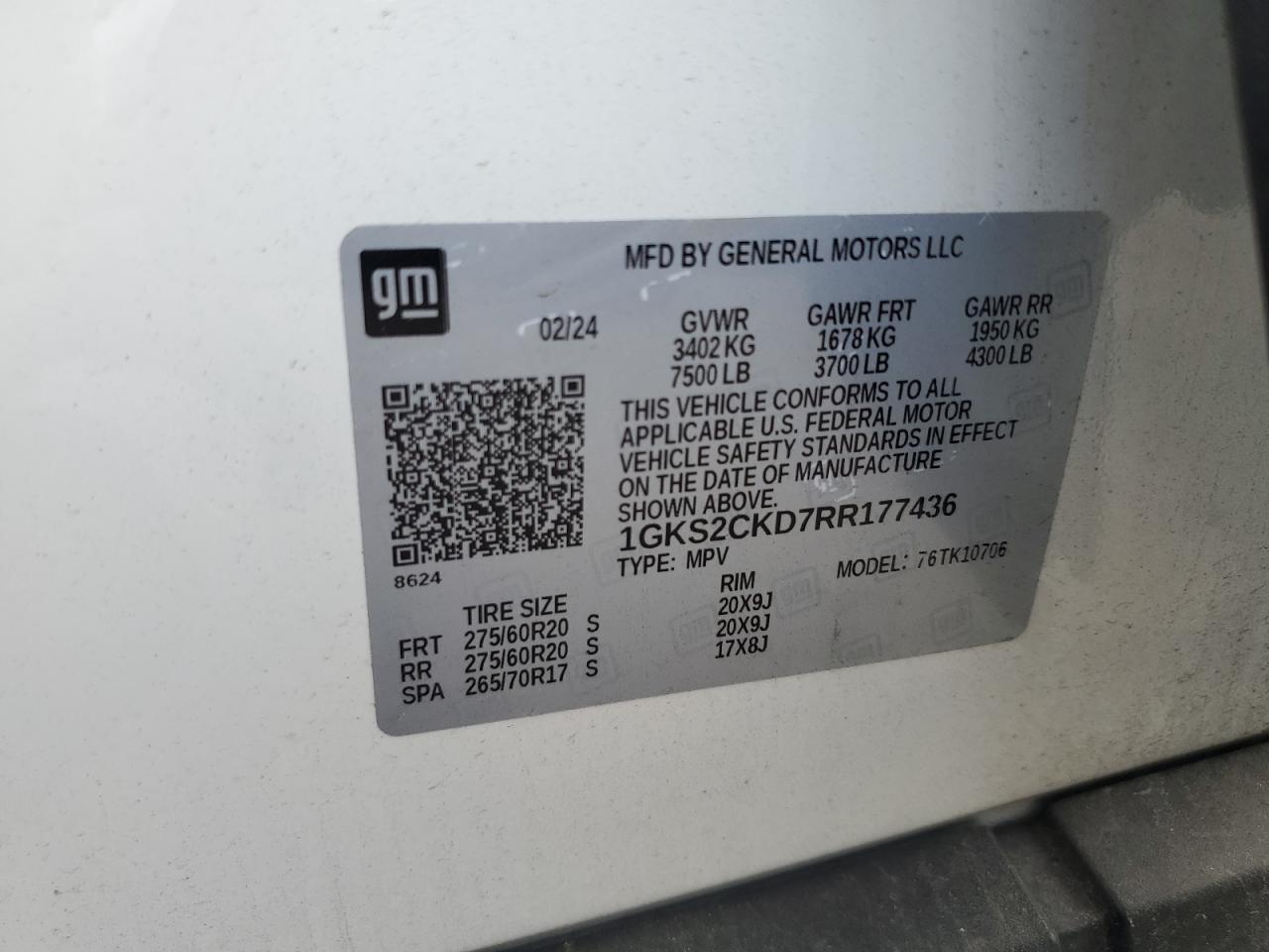 2024 GMC Yukon At4 VIN: 1GKS2CKD7RR177436 Lot: 64075915