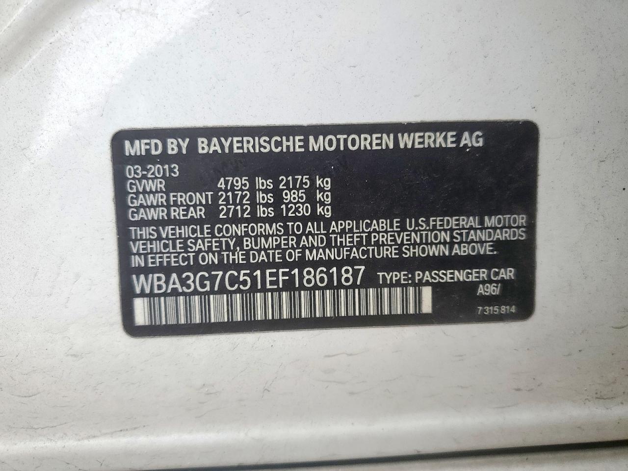 2014 BMW 328 Xi VIN: WBA3G7C51EF186187 Lot: 64279735