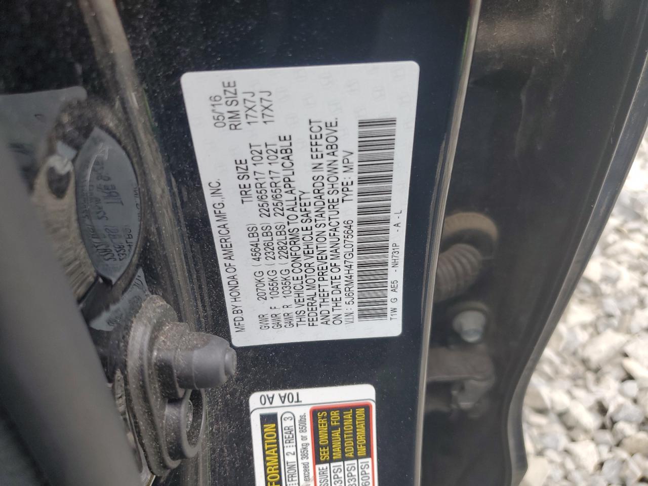 2016 Honda Cr-V Se VIN: 5J6RM4H47GL075646 Lot: 65248235