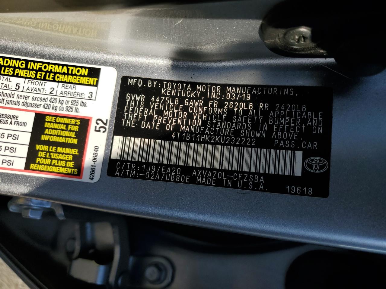 4T1B11HK2KU232222 2019 Toyota Camry L