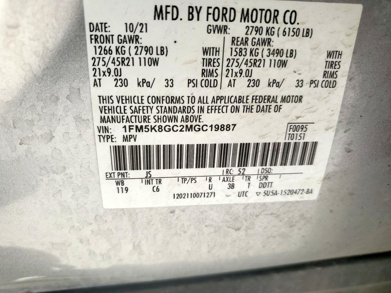 2021 Ford Explorer St VIN: 1FM5K8GC2MGC19887 Lot: 65782125