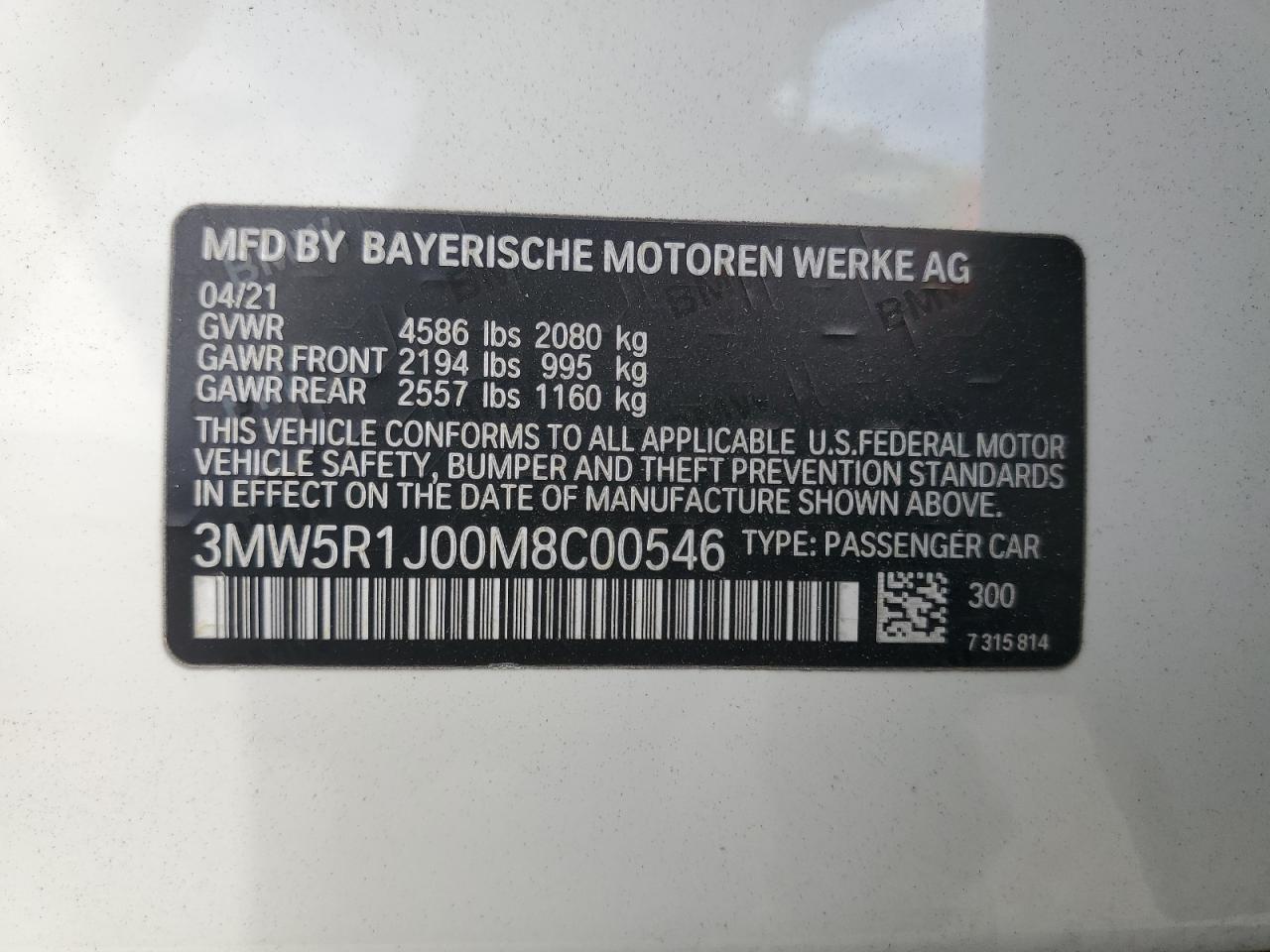 2021 BMW 330I VIN: 3MW5R1J00M8C00546 Lot: 65471405