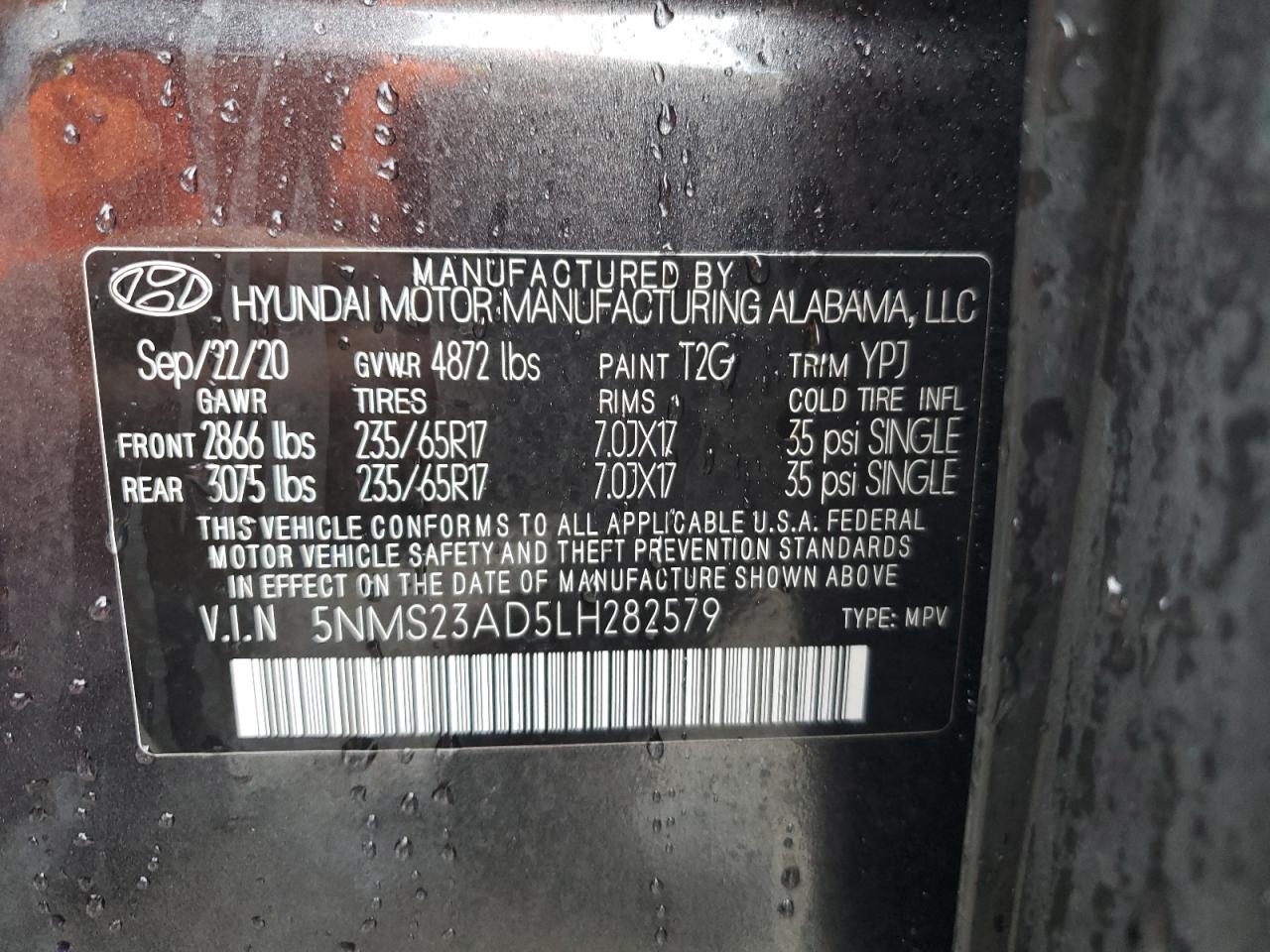 2020 Hyundai Santa Fe Se VIN: 5NMS23AD5LH282579 Lot: 64077025