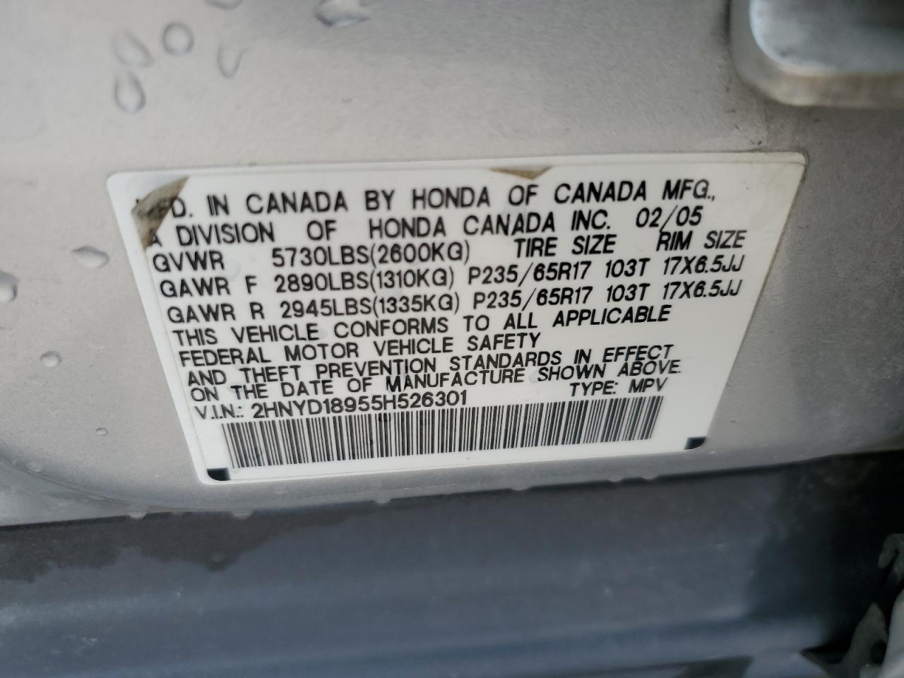 2hnyd18955h526301 2HNYD18955H526301 2005 Acura Mdx Touring