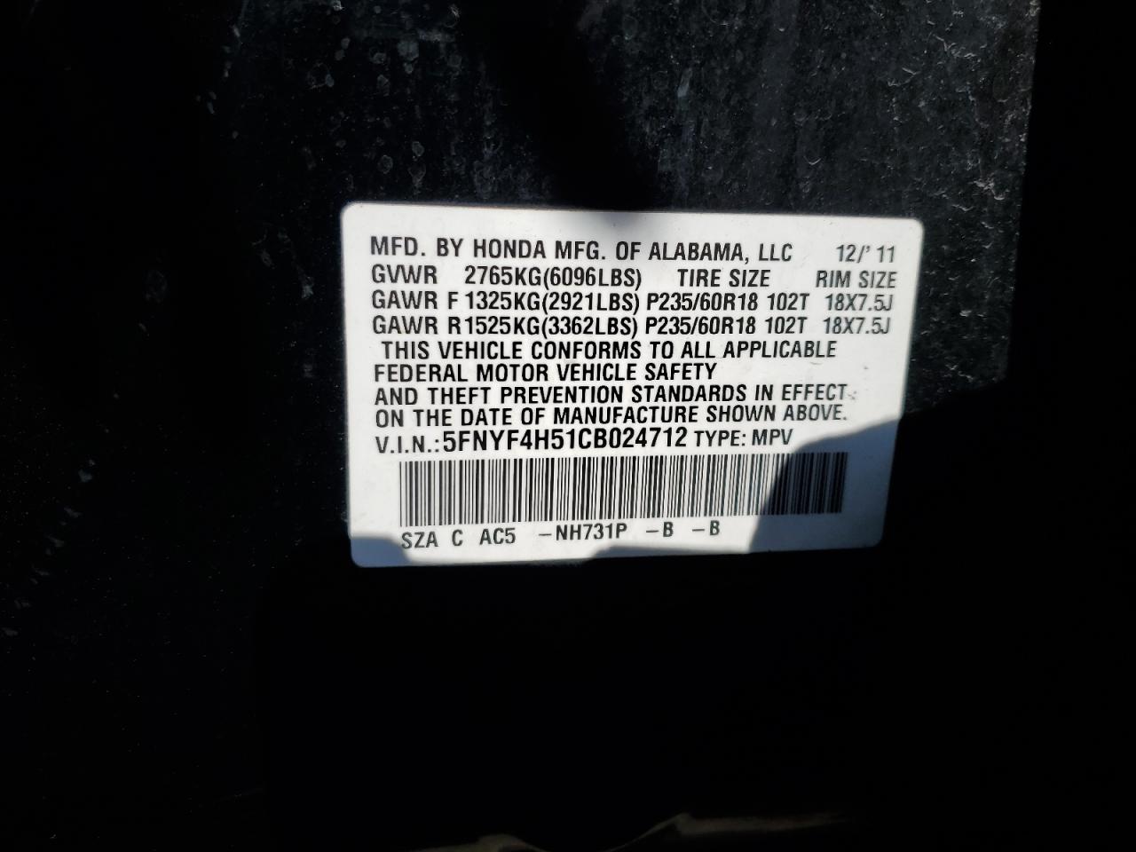 2012 Honda Pilot Exl VIN: 5FNYF4H51CB024712 Lot: 64327135