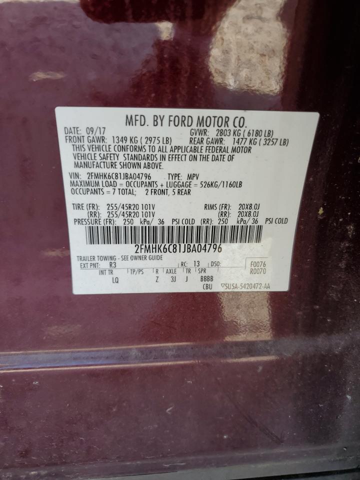 2018 Ford Flex Sel VIN: 2FMHK6C81JBA04796 Lot: 63691675