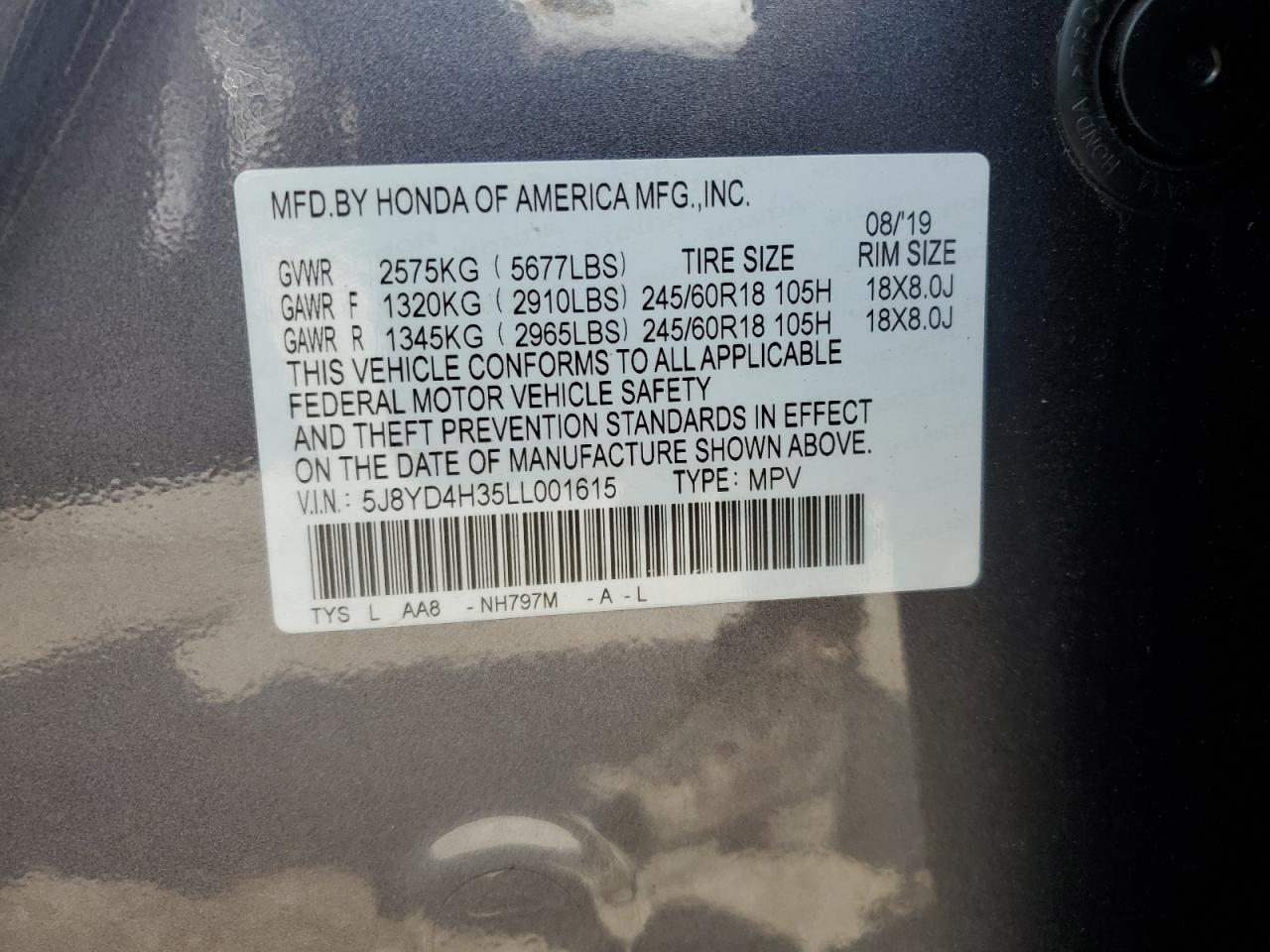 5j8yd4h35ll001615 5J8YD4H35LL001615 2020 Acura Mdx