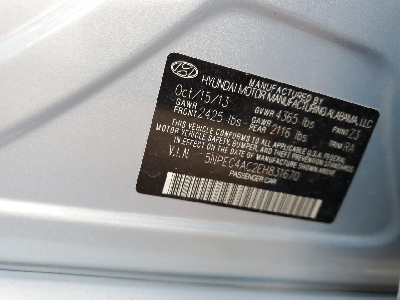 2014 Hyundai Sonata Se VIN: 5NPEC4AC2EH831670 Lot: 65081285