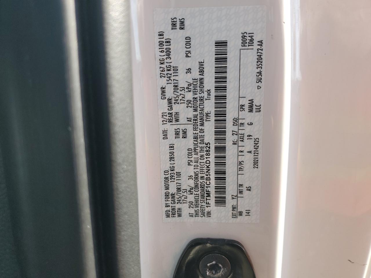 2022 Ford F150 VIN: 1FTMF1CB5NKD18825 Lot: 64750455
