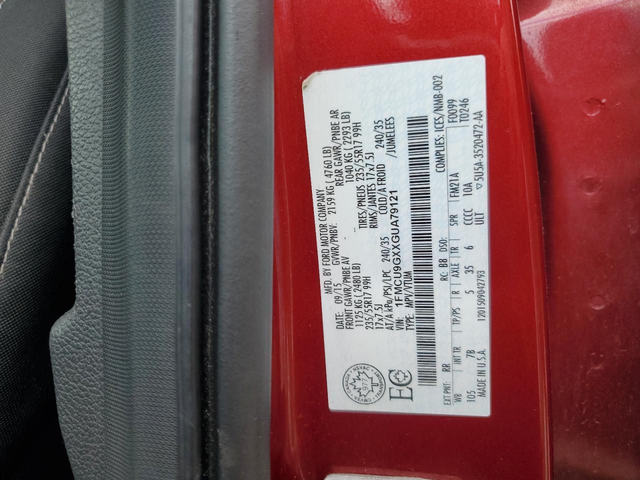2016 Ford Escape Se VIN: 1FMCU9GXXGUA79121 Lot: 65501755