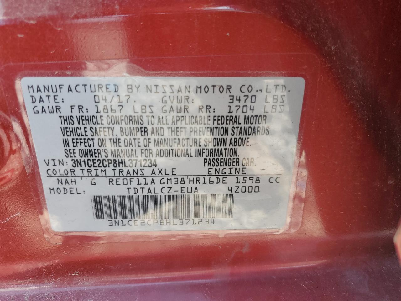 2017 Nissan Versa Note S VIN: 3N1CE2CP8HL371234 Lot: 65012335