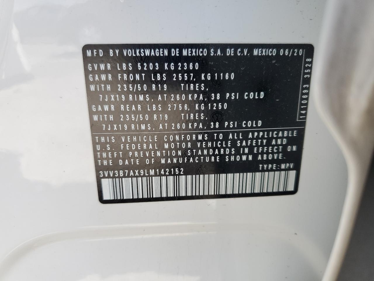 2020 Volkswagen Tiguan Se VIN: 3VV3B7AX9LM142152 Lot: 51081155