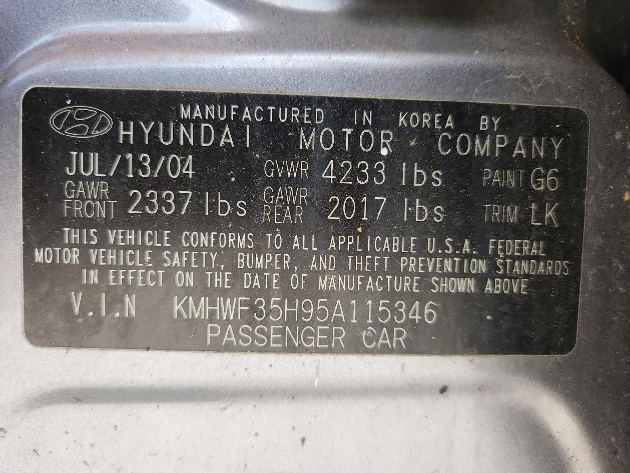 2005 Hyundai Sonata Gls VIN: KMHWF35H95A115346 Lot: 64768265