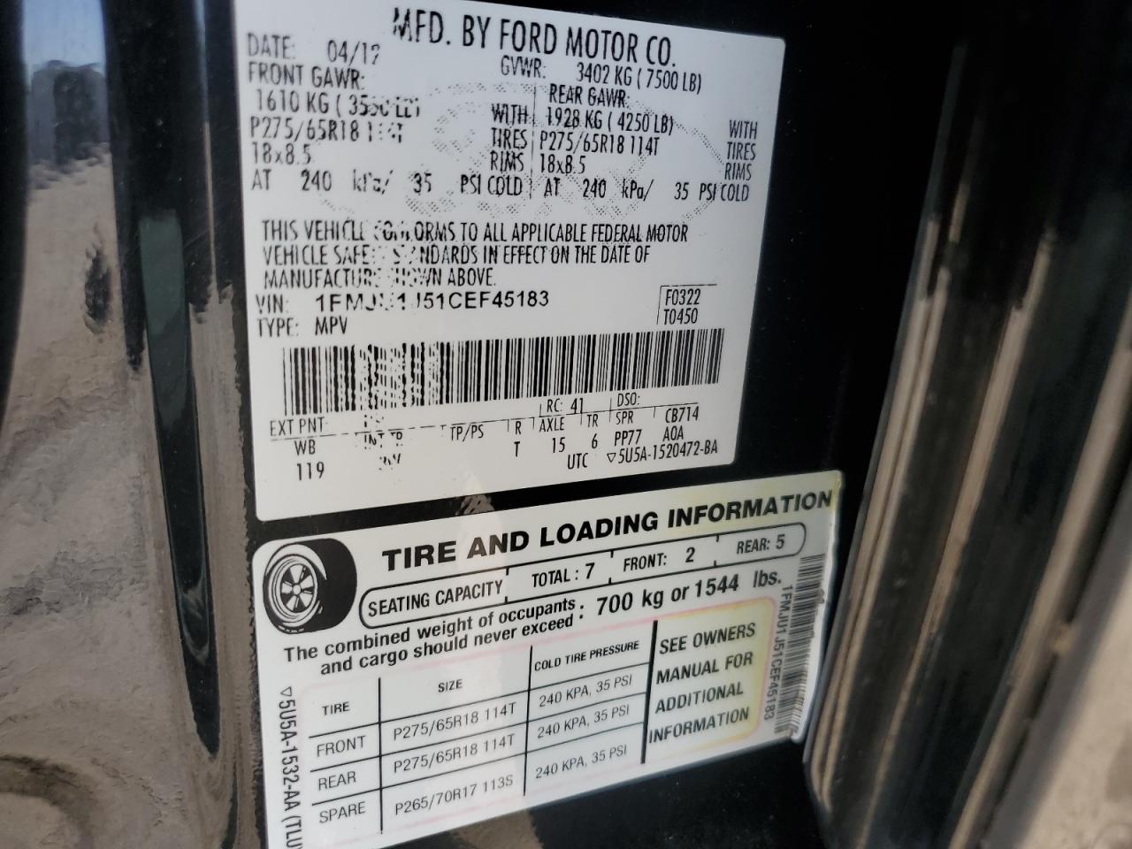 2012 Ford Expedition Xlt VIN: 1FMJU1J51CEF45183 Lot: 65529805