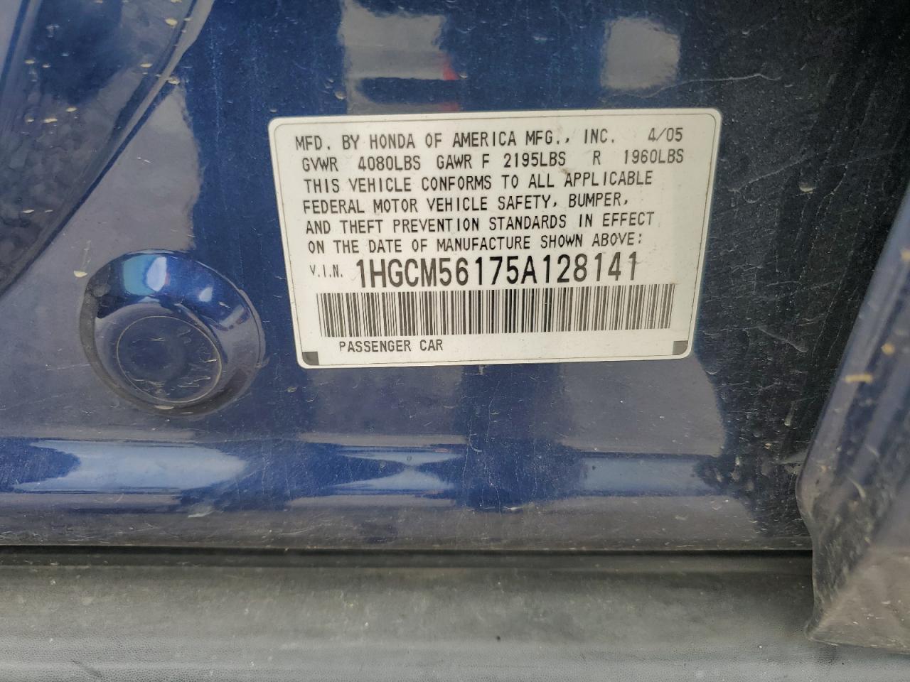 2005 Honda Accord Dx VIN: 1HGCM56175A128141 Lot: 64567615