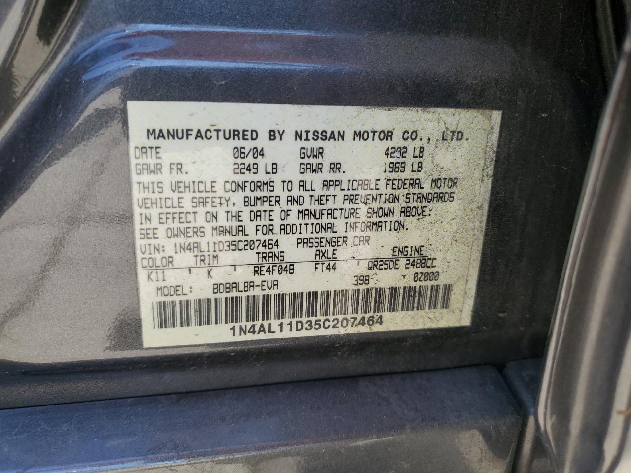 2005 Nissan Altima S VIN: 1N4AL11D35C207464 Lot: 65409175