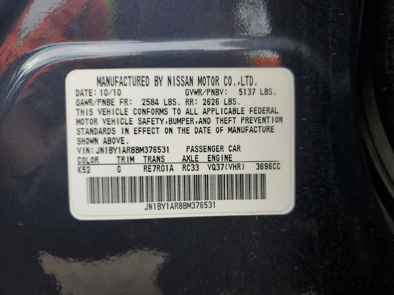2011 Infiniti M37 X VIN: JN1BY1AR8BM376531 Lot: 64628465