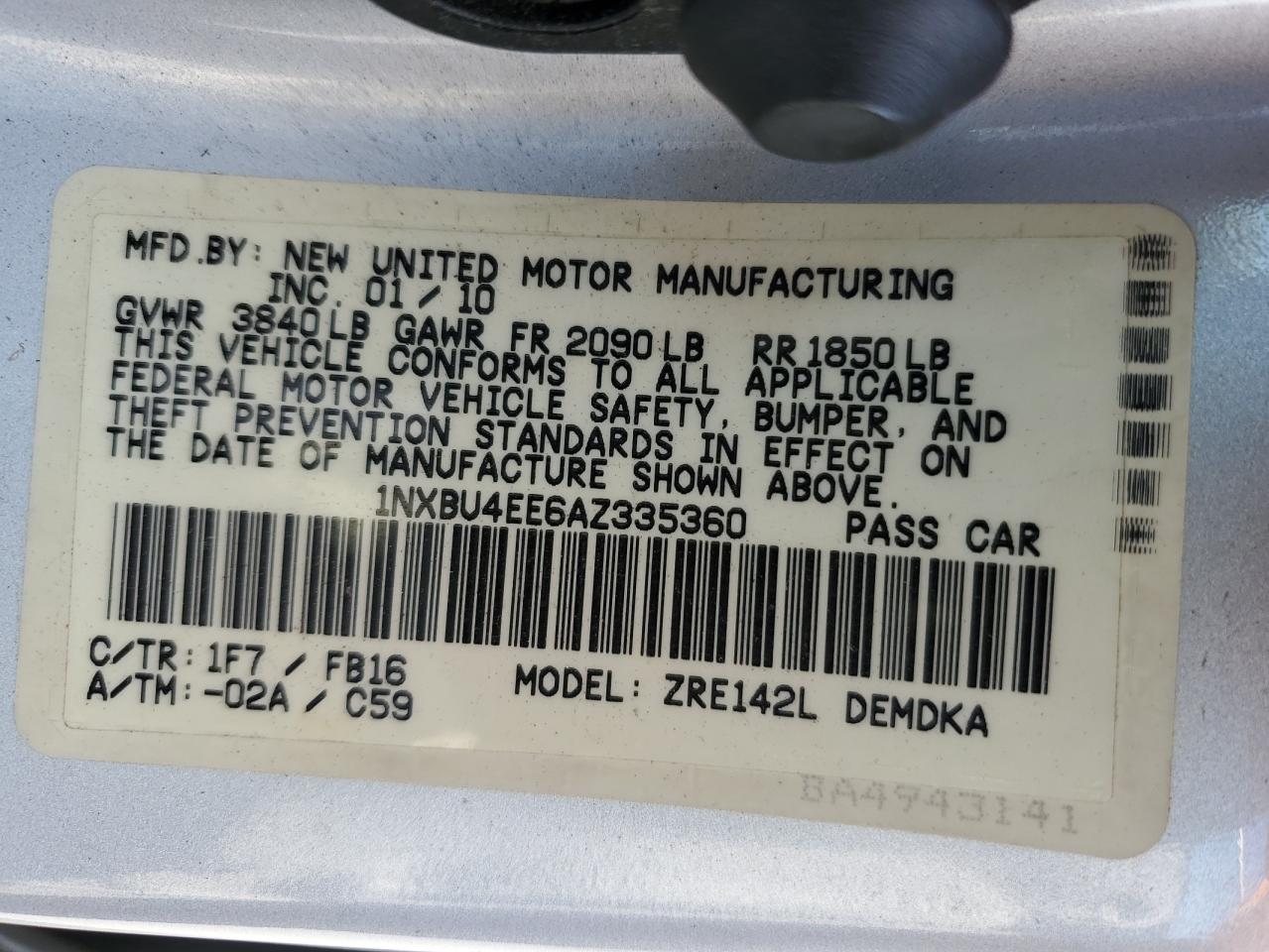 2010 Toyota Corolla Base VIN: 1NXBU4EE6AZ335360 Lot: 64210975