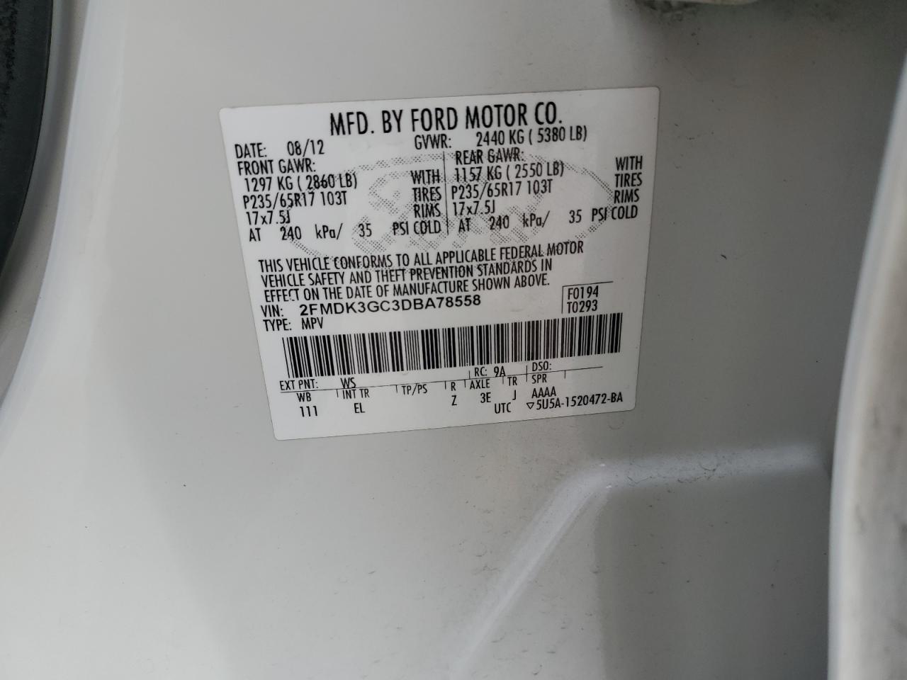 2013 Ford Edge Se VIN: 2FMDK3GC3DBA78558 Lot: 64586715
