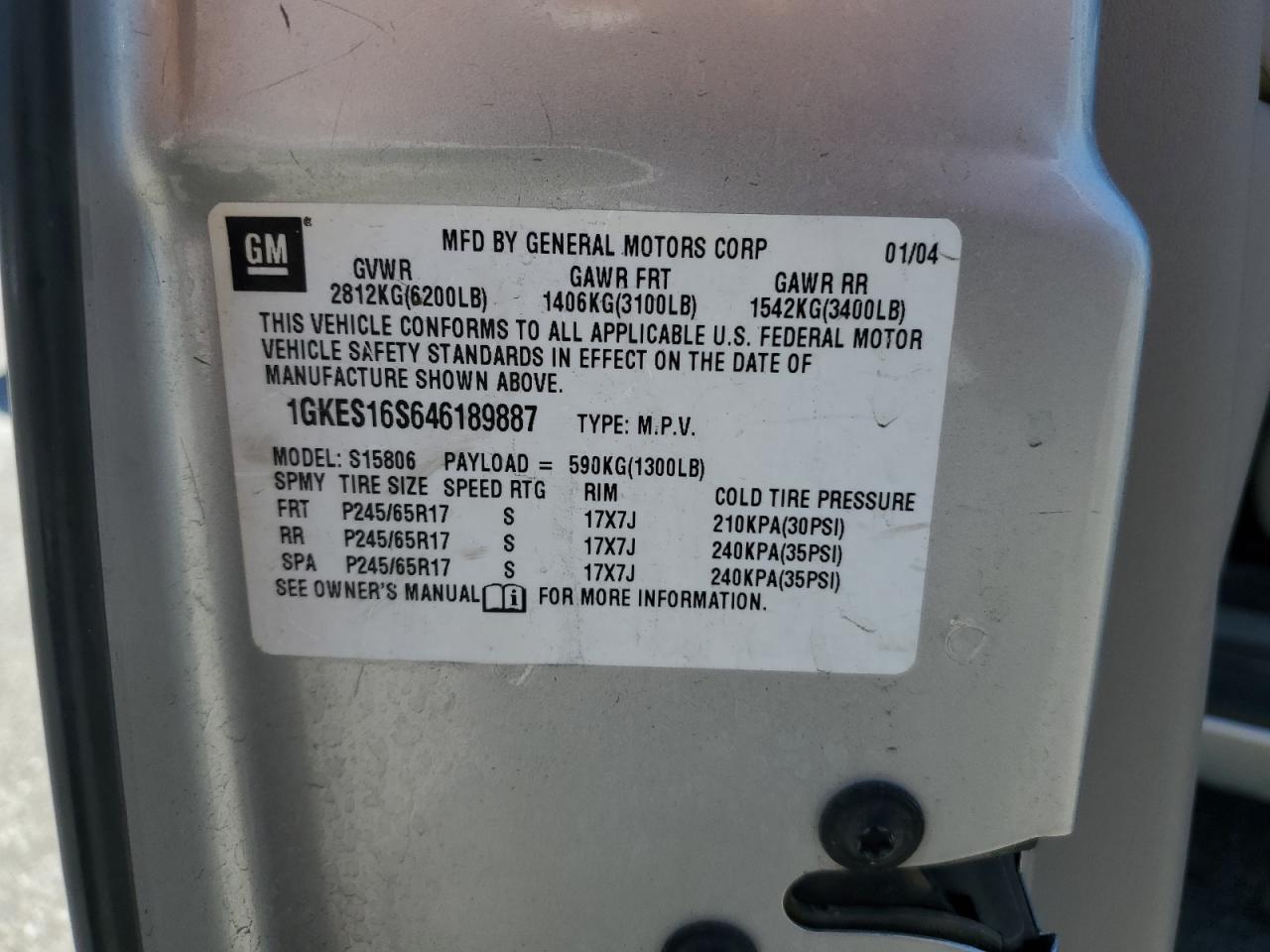 2004 GMC Envoy Xl VIN: 1GKES16S646189887 Lot: 64322835