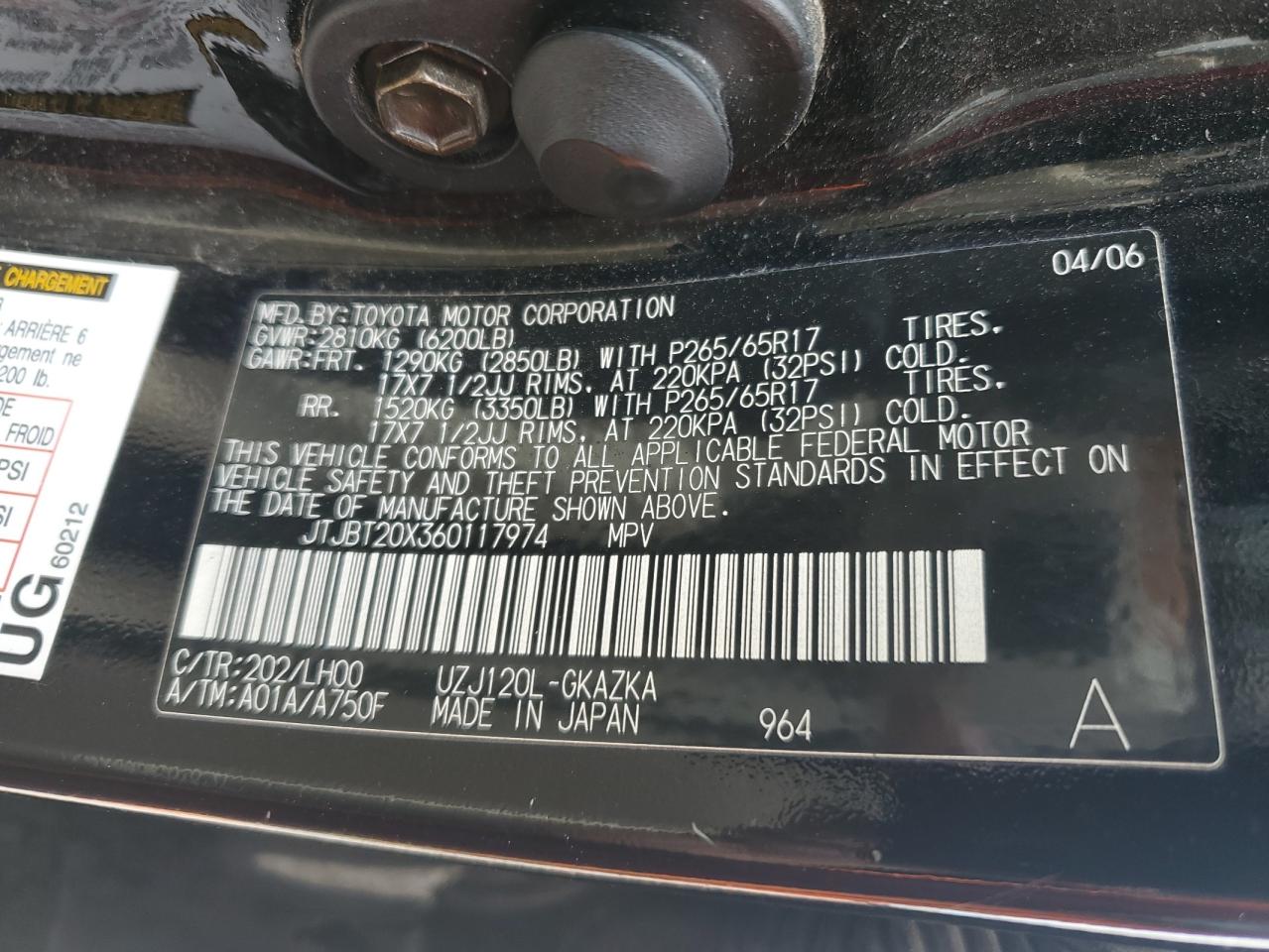 2006 Lexus Gx 470 VIN: JTJBT20X360117974 Lot: 65212585